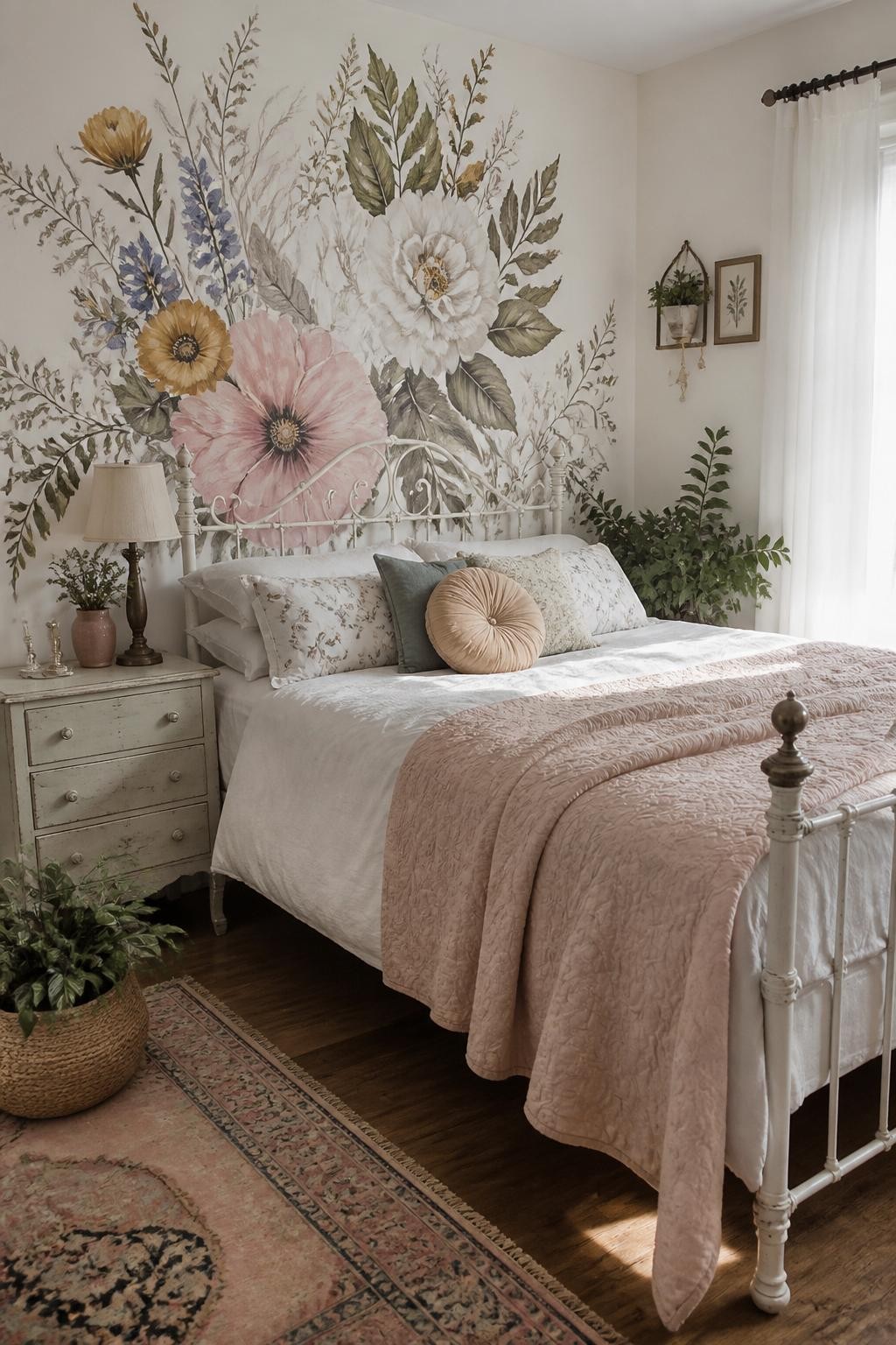 An airy, eclectic cottage bedroom where a detailed hand-painted botanical mural blooms above a vintage wrought-iron bed, offering a whimsica.