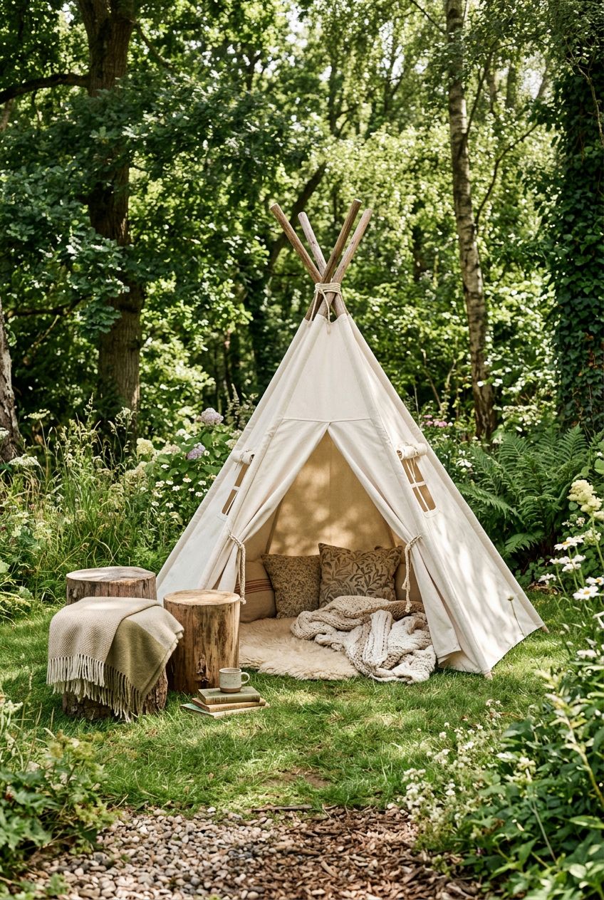 A whimsical backyard nook features a neutral canvas teepee with exposed wooden support poles nestled in green grass, backed by leafy trees f.