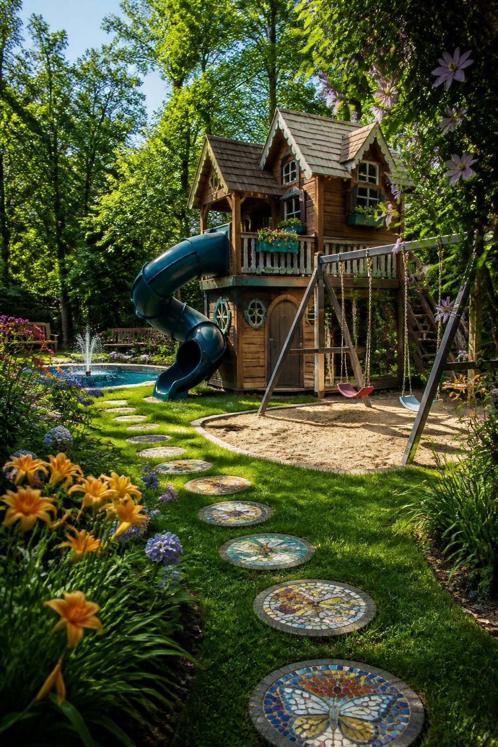 A storybook-inspired backyard scene with a large, charming wooden playhouse as the main centerpiece, featuring intricate trim, a small balco.