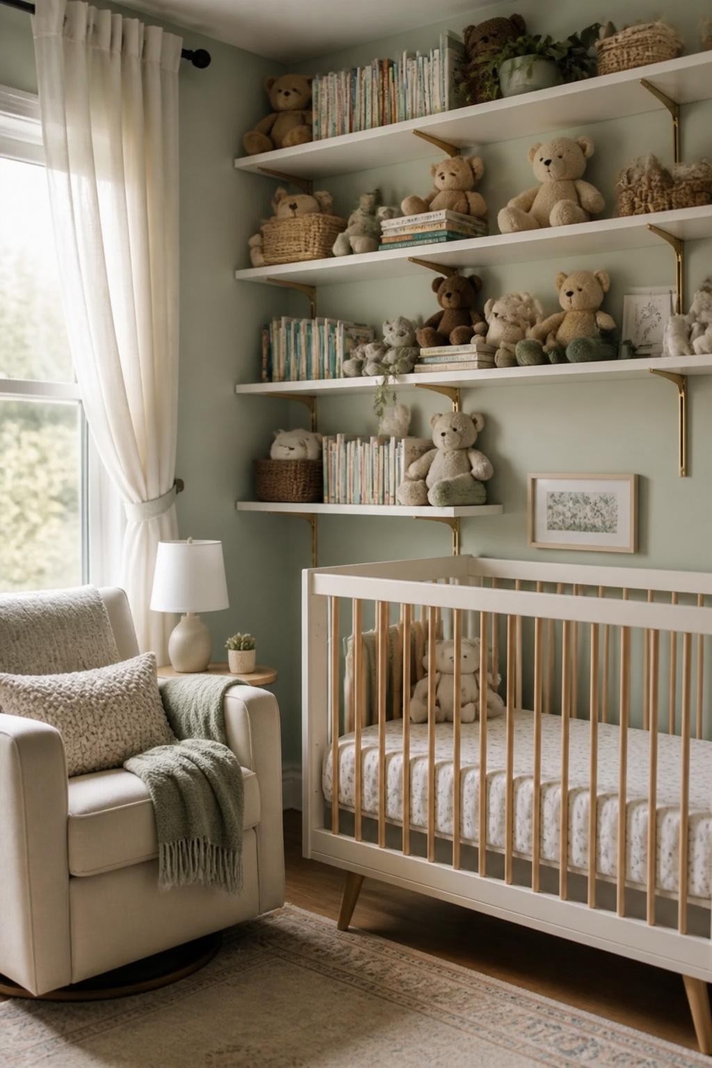 A whimsical nursery reading nook painted in soft green, with three rows of white floating shelves held up by brass brackets, reaching high a.