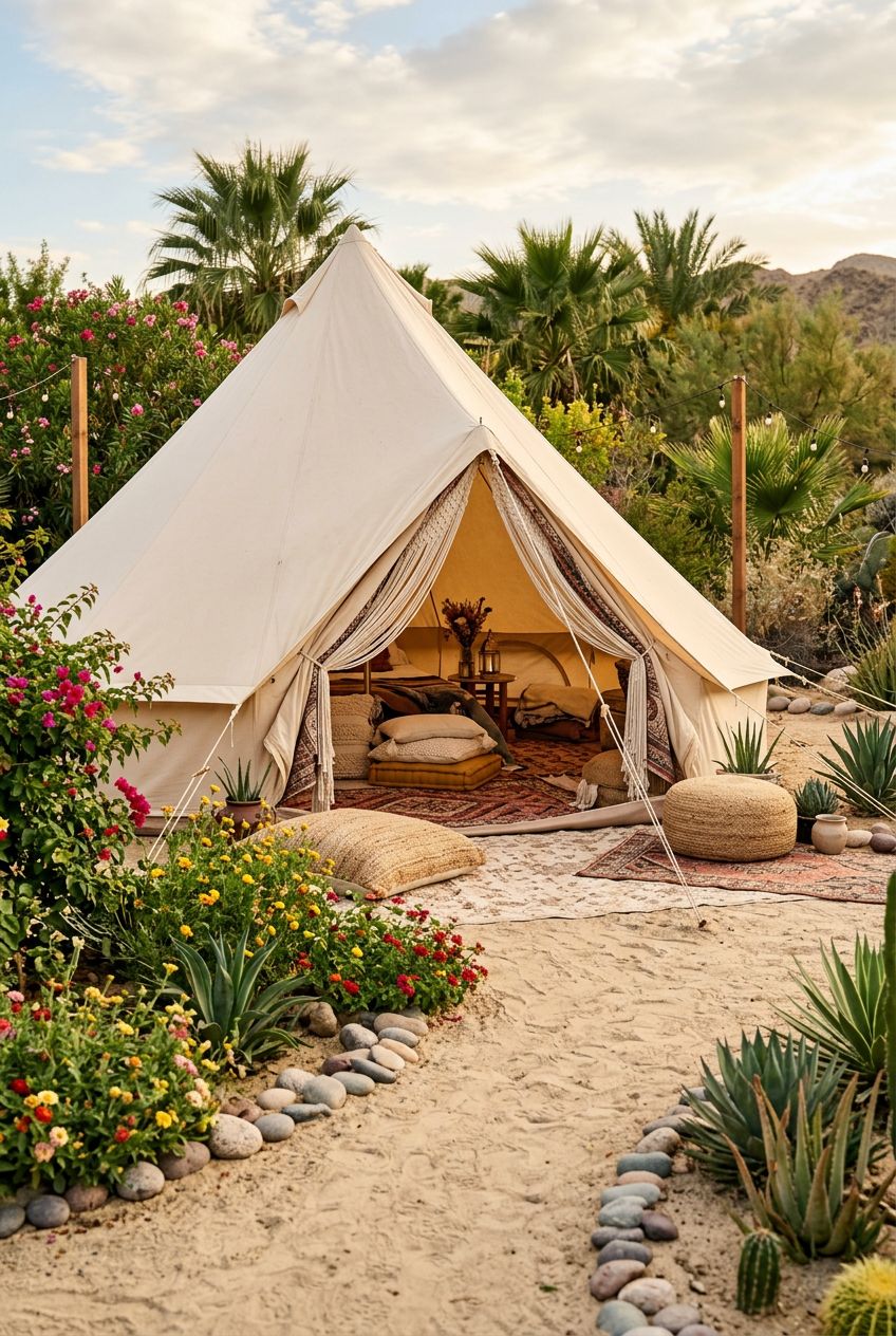 A large, whimsical sandy oasis with a cozy cream canvas tent set on the edge, furnished with plush seating cushions, patterned rugs, and boh.