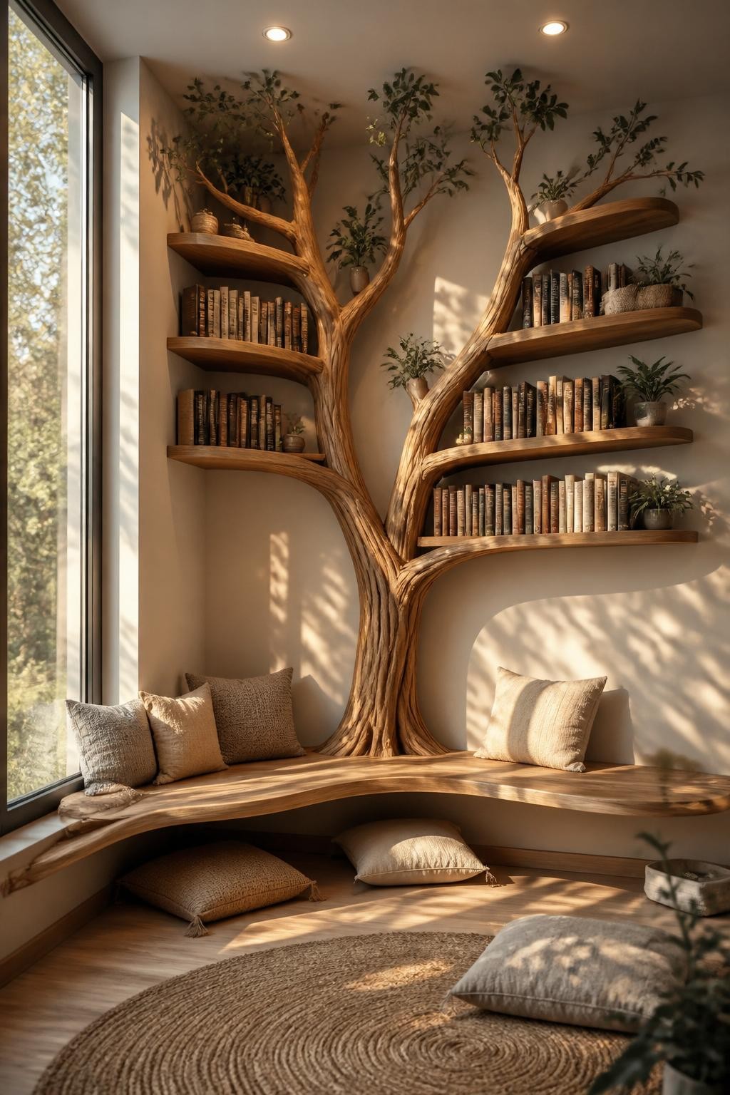 A whimsical, nature-inspired corner bookshelf design where the floating shelves are supported by an intricately carved wooden tree sculpture.
