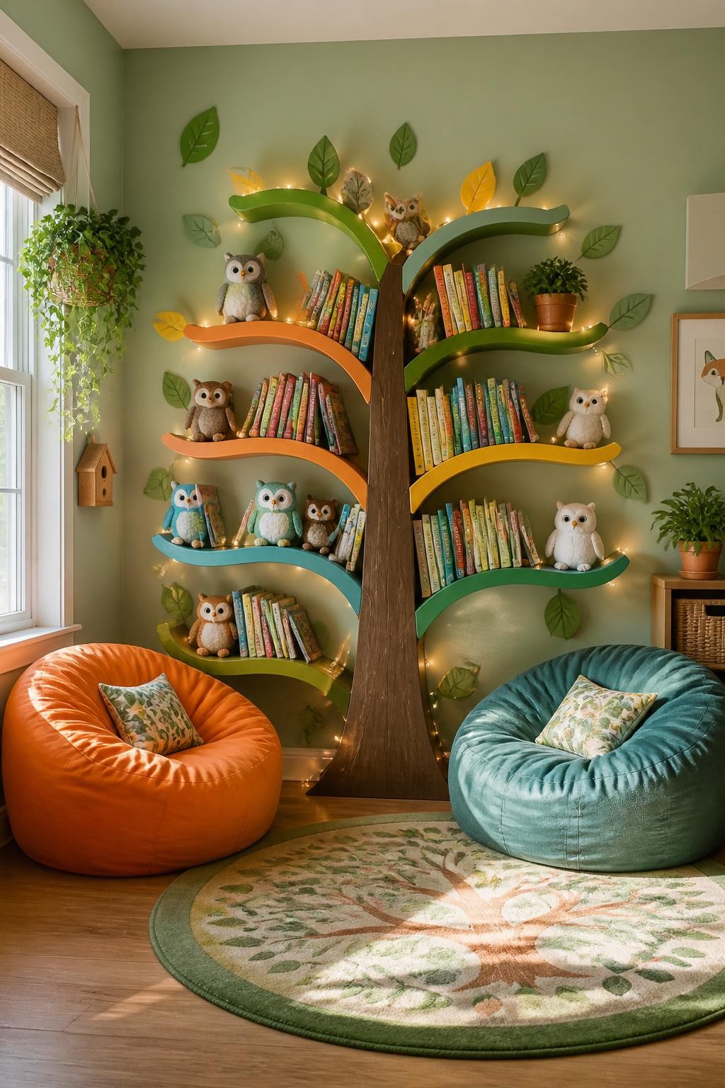 An enchanting kids’ reading corner with a tree-shaped shelving unit painted in fun, bright colors.