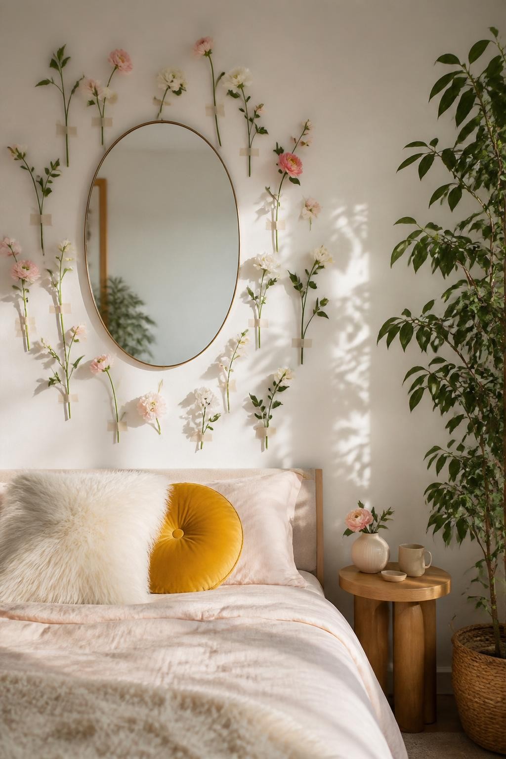 A whimsical, modern bedroom scene where fresh single-stemmed florals in soft pink and white hues are artfully taped around an oval wall mirr.