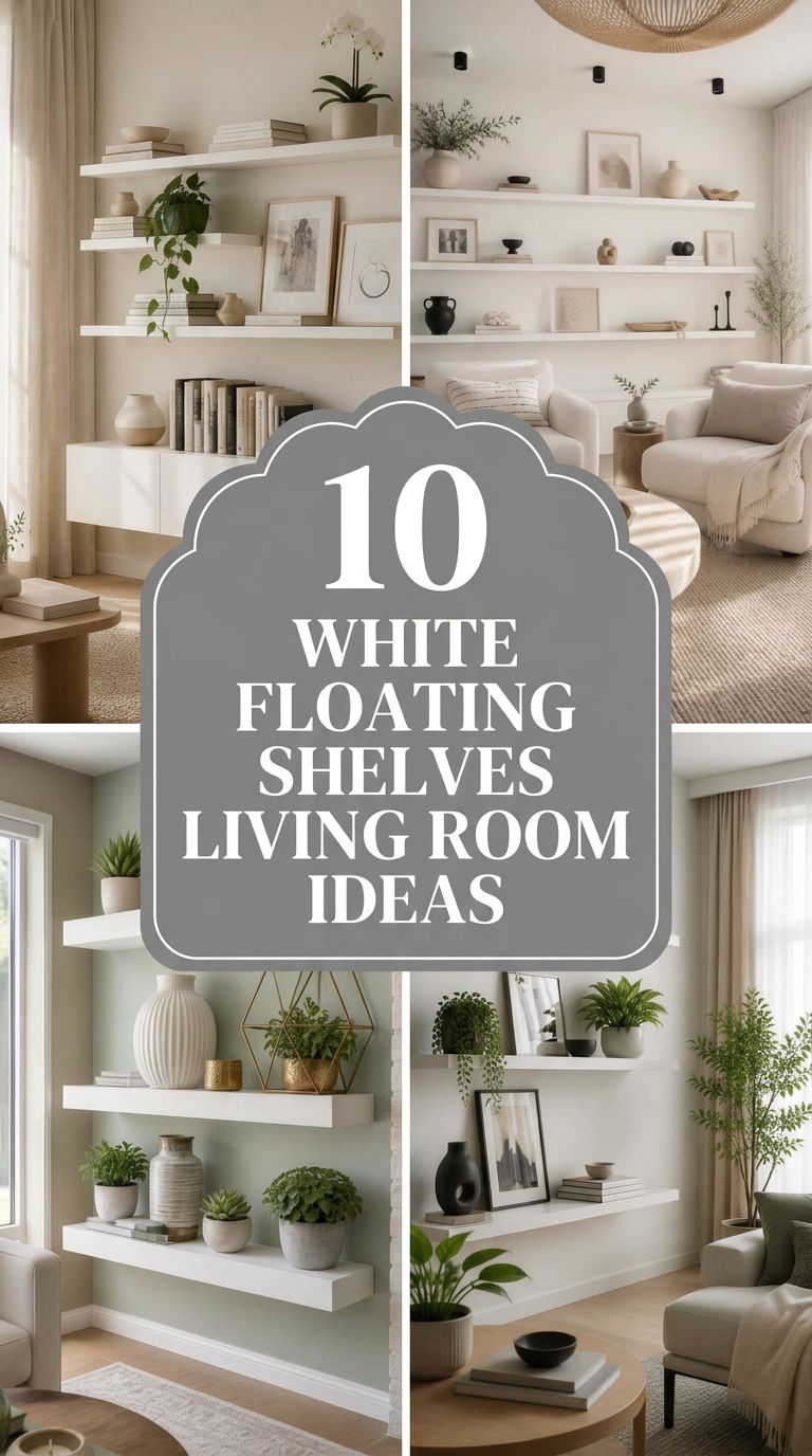 Pinterest banner for 10 White Floating Shelves Living Room Ideas for a Light, Modern Look