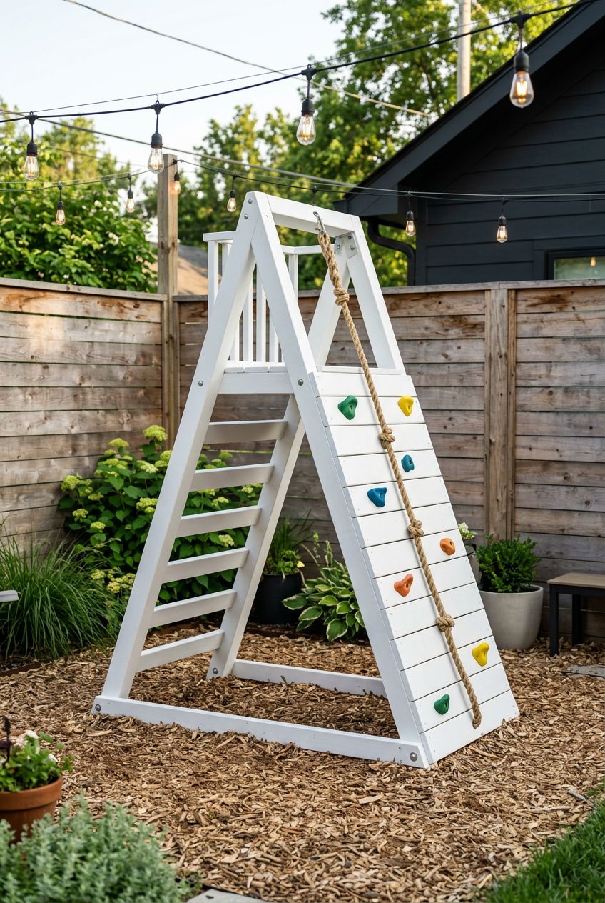 Show a modern A-frame climbing play structure painted in crisp white with integrated climbing holds and sturdy rope on one side.