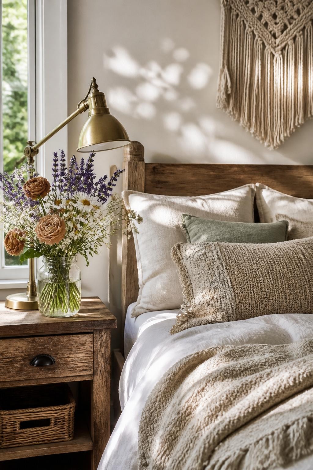 A cozy rustic-chic bedroom with a jar of colorful wildflowers—lavender, daisies, and ranunculus—gracing a sturdy reclaimed wood nightstand.