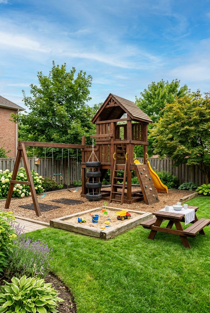 Showcase a spacious backyard playset crafted from rich, stained timber, featuring a vertical tower, a tire stack climbing feature, sandpit.