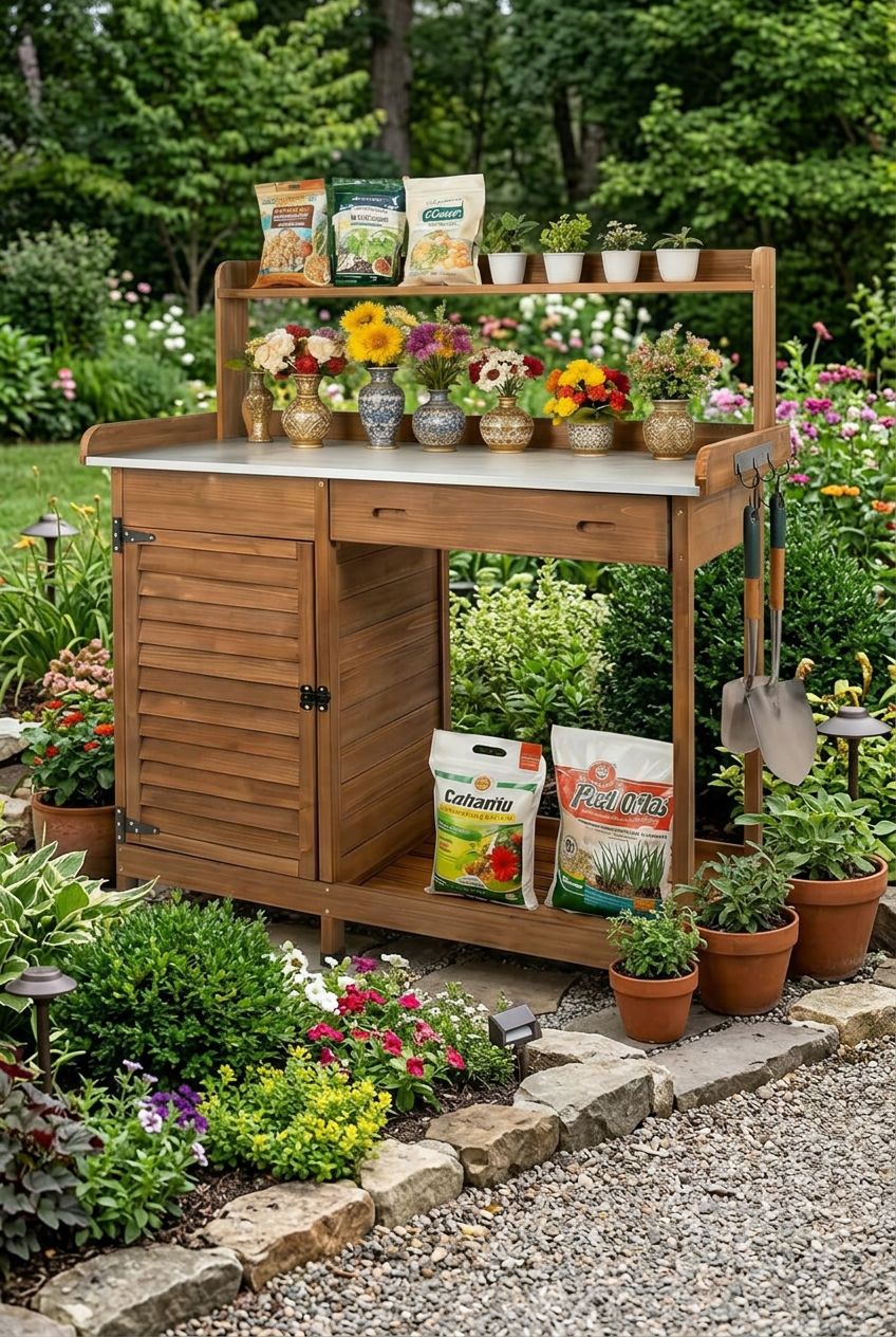 Use the uploaded Wooden Weatherproof Garden Work Station exactly as the reference product, preserving its warm brown color, metal countertop.
