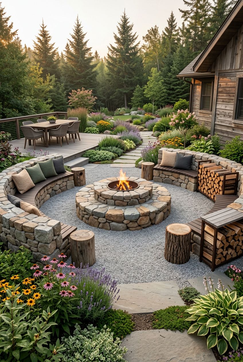An expansive backyard patio featuring a large, round stone fire pit with two tiers, surrounded by stone benches and rustic wood log stools f.