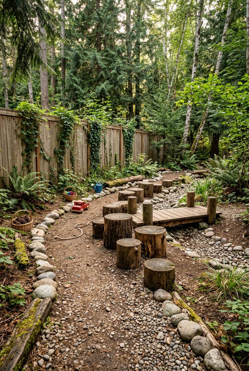 Show a cozy woodland corner featuring a winding play path of dirt and gravel bordered by river rocks, with sturdy log stumps and plank bridg.