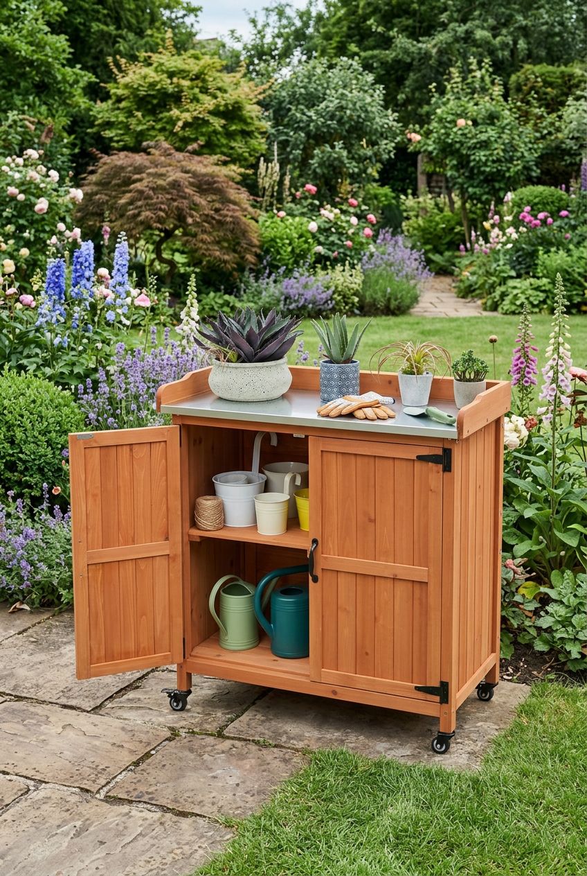 Use the uploaded Yaheetech Garden Potting Bench Table exactly as the reference product, maintaining its natural cedar-toned wooden cabinets.