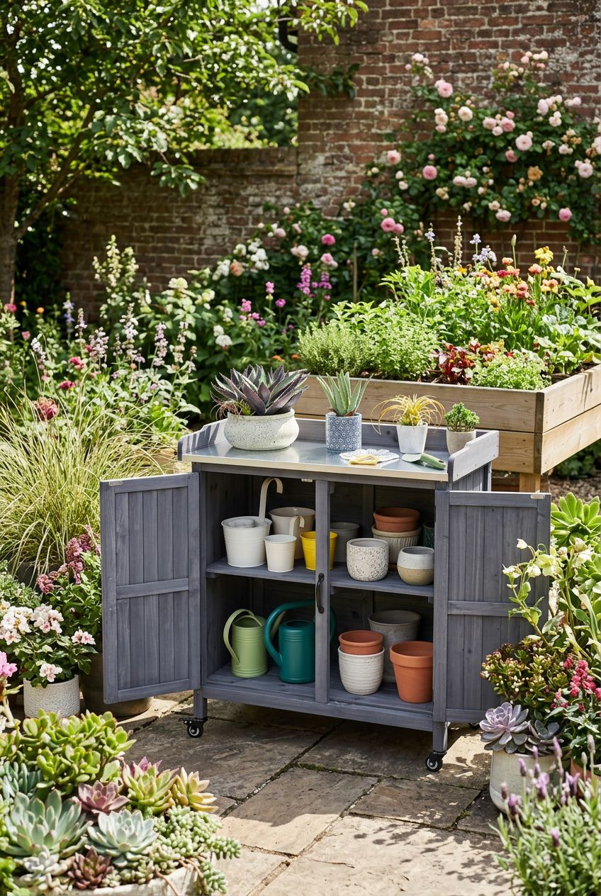 Use the uploaded Yaheetech Garden Potting Bench Table exactly as the reference product, preserving its grey-washed wooden structure, cabinet.