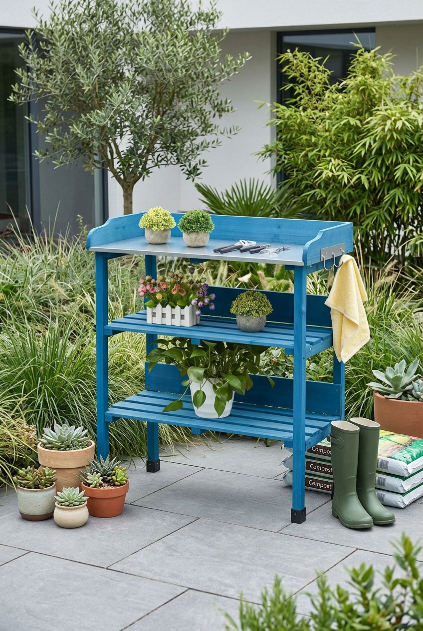 Use the uploaded Yaheetech Outdoor Garden Potting Bench exactly as the reference product, preserving its vivid blue finish, two-level constr.