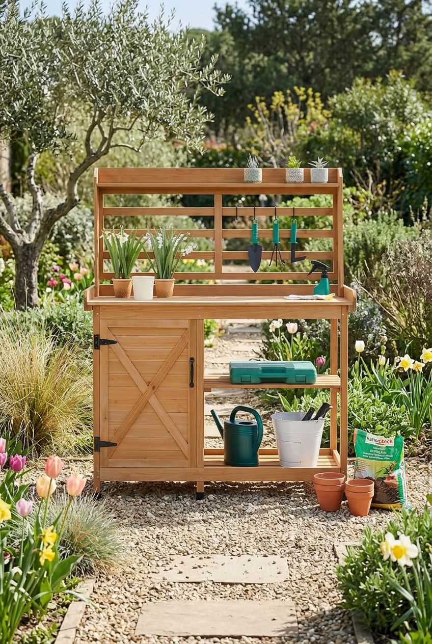 Use the uploaded Yaheetech Outdoor Potting Bench exactly as the reference product, preserving its slatted wooden shelving, barn door cabinet.