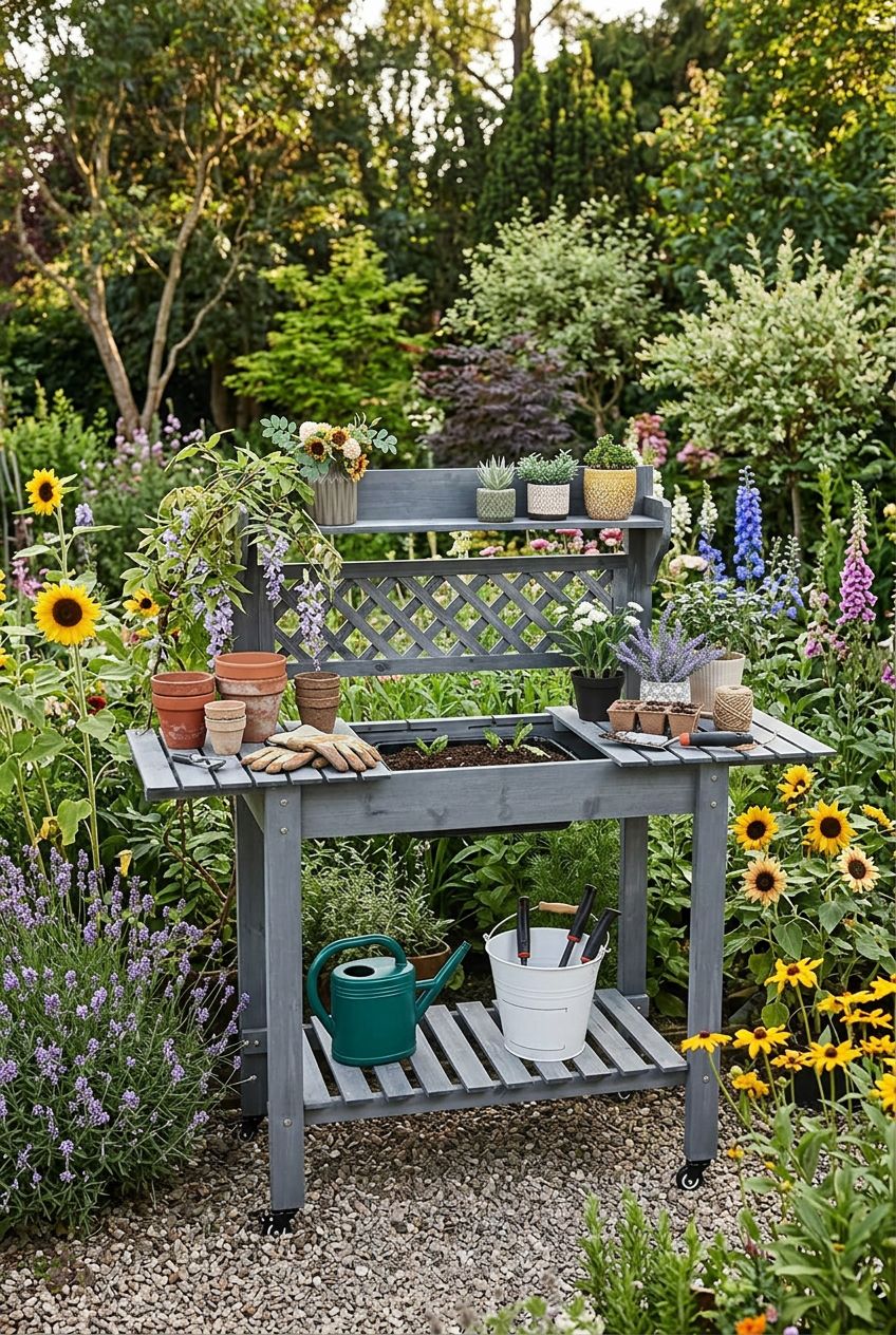 Use the uploaded Yaheetech Potting Bench Table exactly as the reference product, featuring its rustic grey lattice back, bold wood slats, sh.